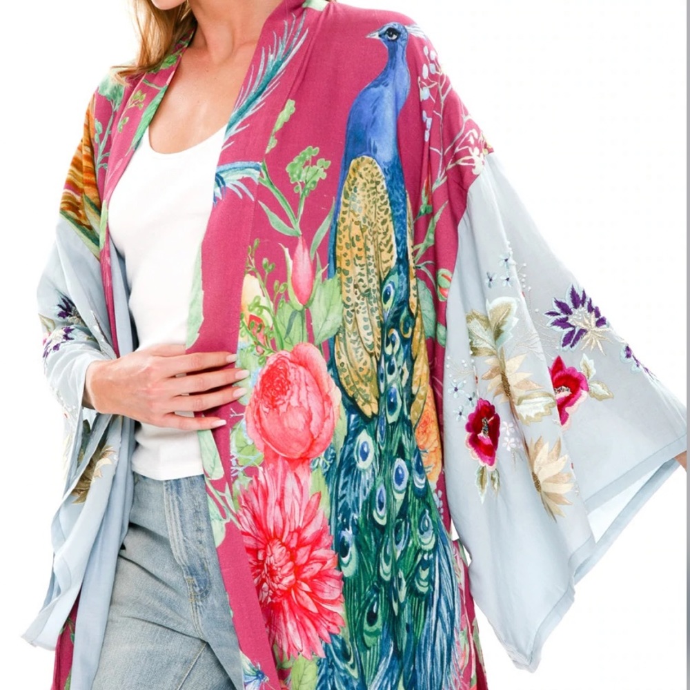The Marie Antoinette Boho Double Layer Luxury Kimono Duster In Bird Floral Print - Picture 4 of 13